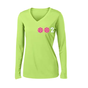 002 With Pickleballs (Colors Yellow Pink White) Customizable | Women's Long Sleeve V-Neck Pickleball Shirts | 100% Polyester