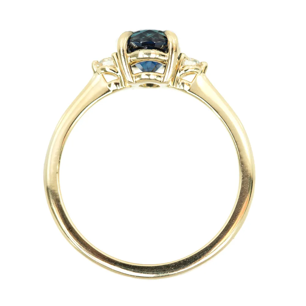 1.57ct Blue Oval Sapphire and Diamond Three Stone Ring in 14k Yellow Gold