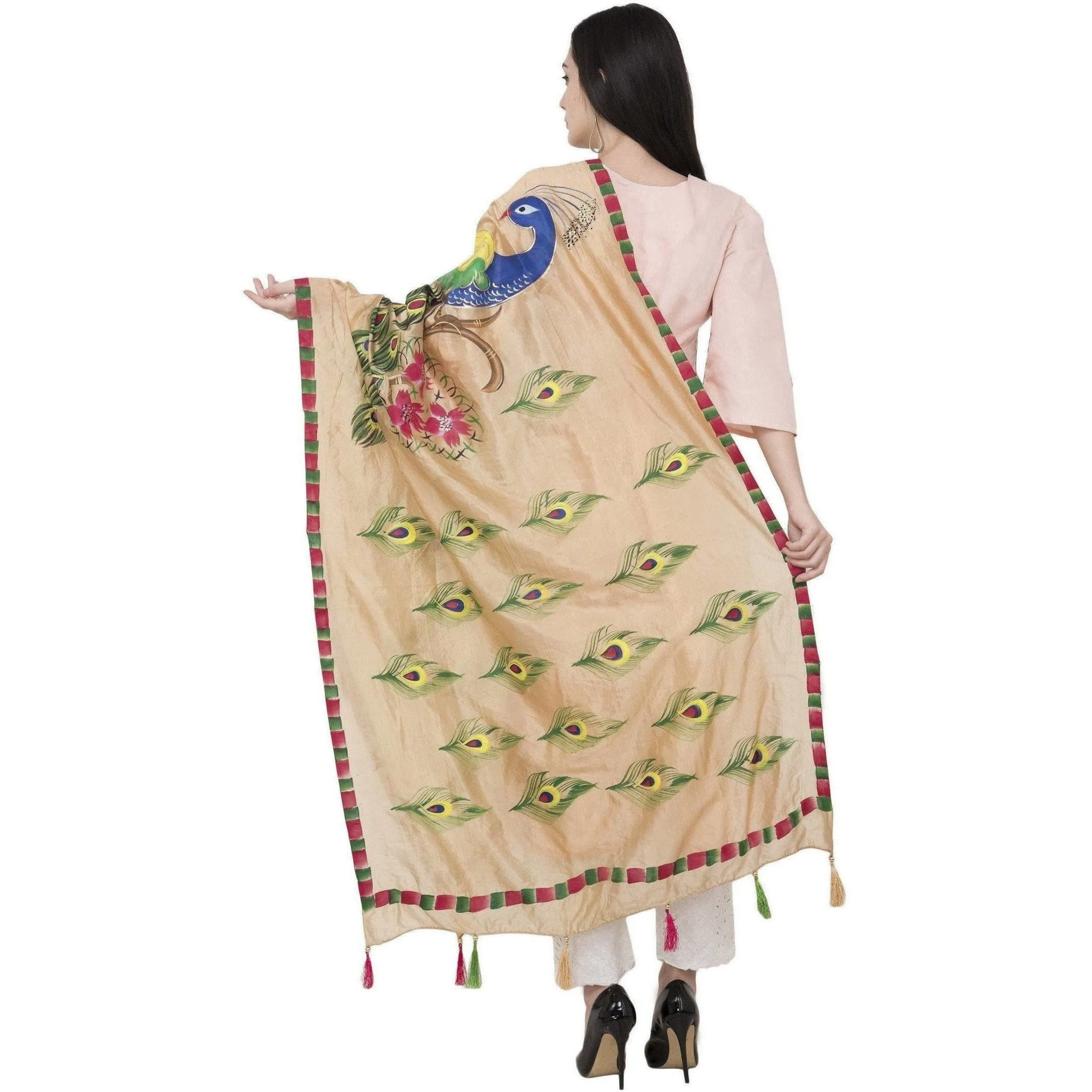 A R Silk Silk Peacock Multi Fancy Dupatta Color Golden Dupatta or Chunni