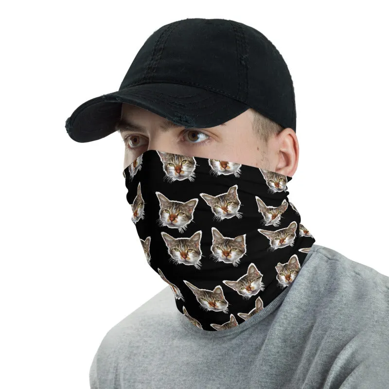 Black Cat Print Face Shield, Neck Gaiter Warmer, Bandana Face Covering-Made in USA/EU