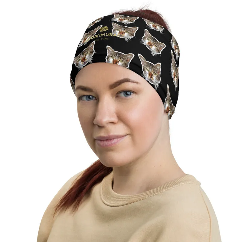 Black Cat Print Face Shield, Neck Gaiter Warmer, Bandana Face Covering-Made in USA/EU