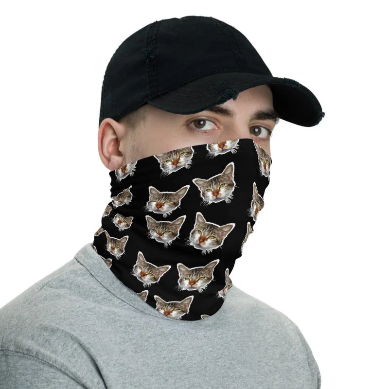 Black Cat Print Face Shield, Neck Gaiter Warmer, Bandana Face Covering-Made in USA/EU