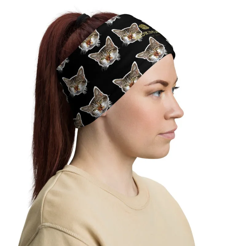 Black Cat Print Face Shield, Neck Gaiter Warmer, Bandana Face Covering-Made in USA/EU