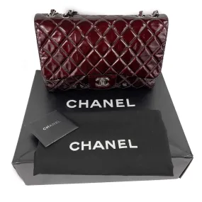 CHANEL Quilted Bordeaux / Silver Patent Leather Jumbo Single Flap Shoulder Bag