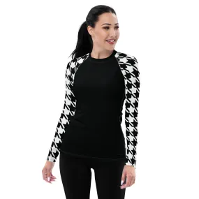 Chic Performance: Houndstooth Long Sleeve BJJ Rash Guard for Women Noir