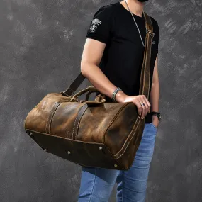 Crazy Horse Leather Travel Bags Vintage Men Duffle Bag Shoulder Messenger Bag Overnight Bag With Shoes Compartment