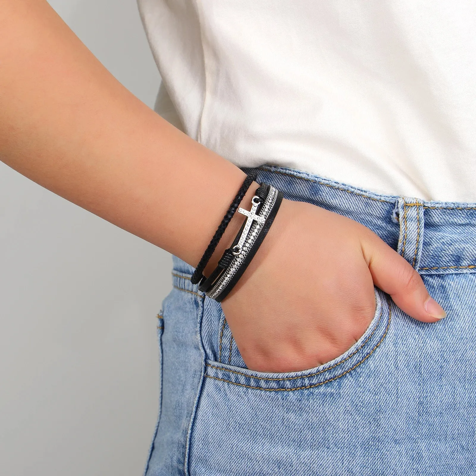 'Cross' Charm and Rhinestones Cuff Bracelet - black