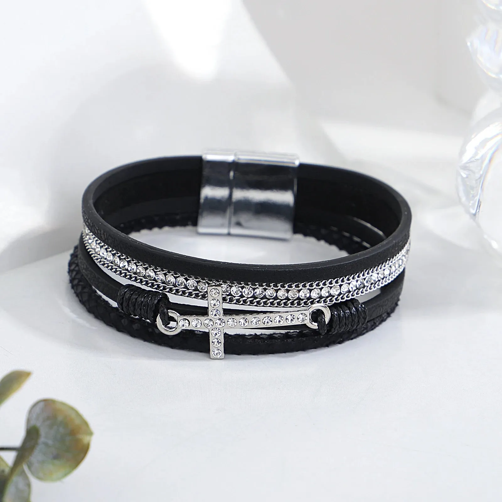 'Cross' Charm and Rhinestones Cuff Bracelet - black