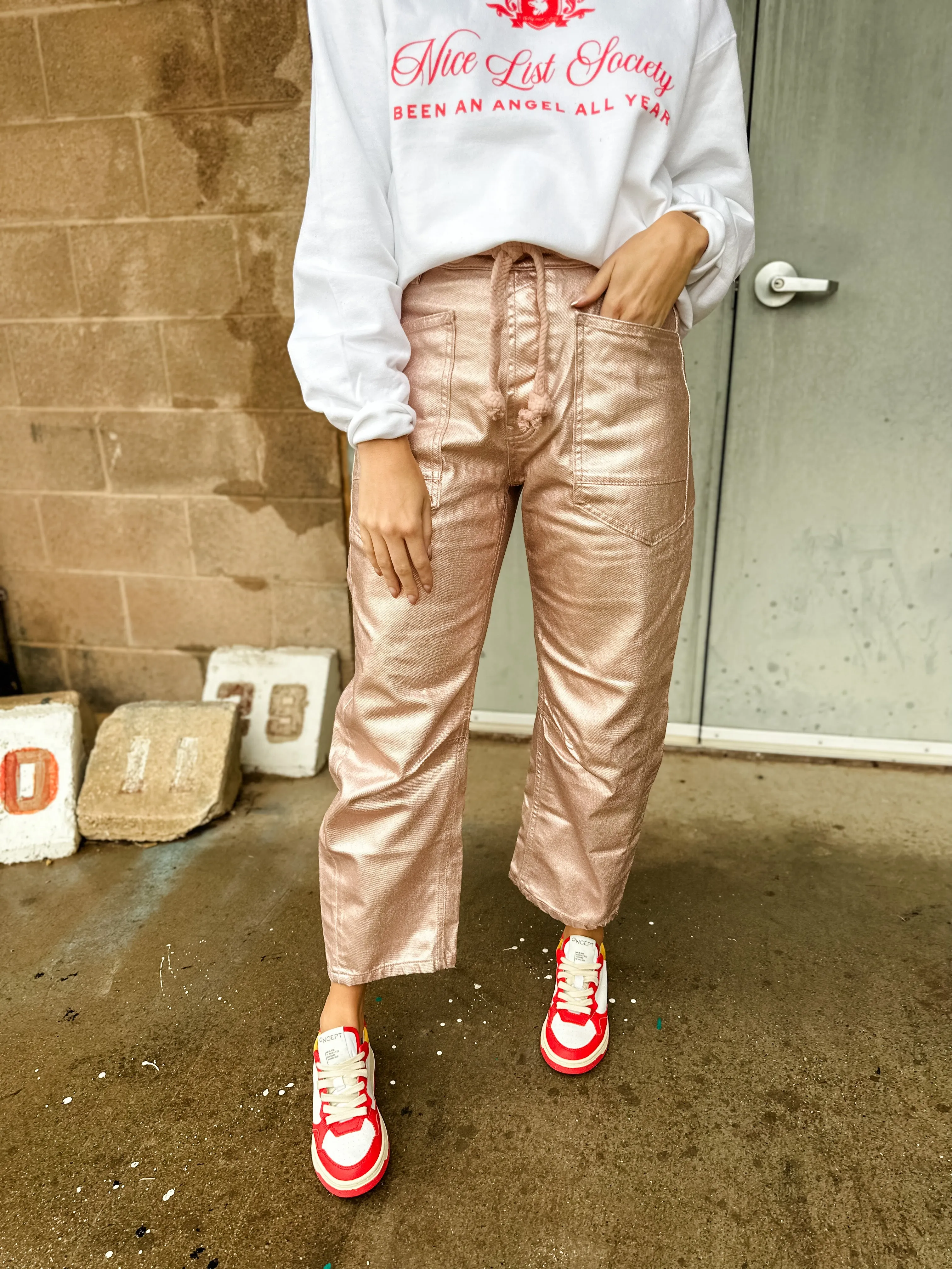 Free People | Moxie Low Slung Pull On Pant | Metallic Bubblegum | FINAL SALE