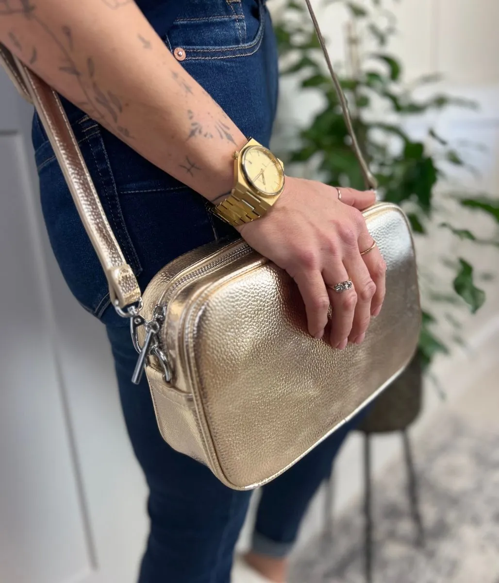 Gold Metallic Cross Body Camera Bag