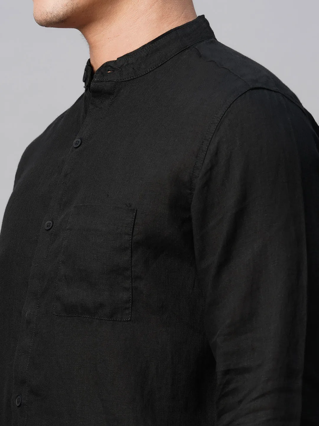 Men's Black 100% Linen Regular Fit Band Collared Long Sleeved Shirt