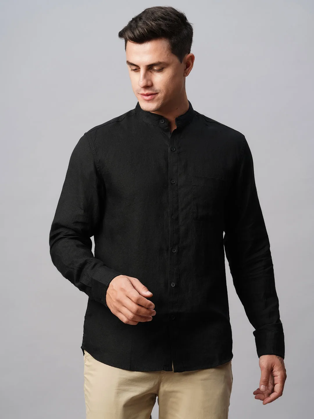 Men's Black 100% Linen Regular Fit Band Collared Long Sleeved Shirt