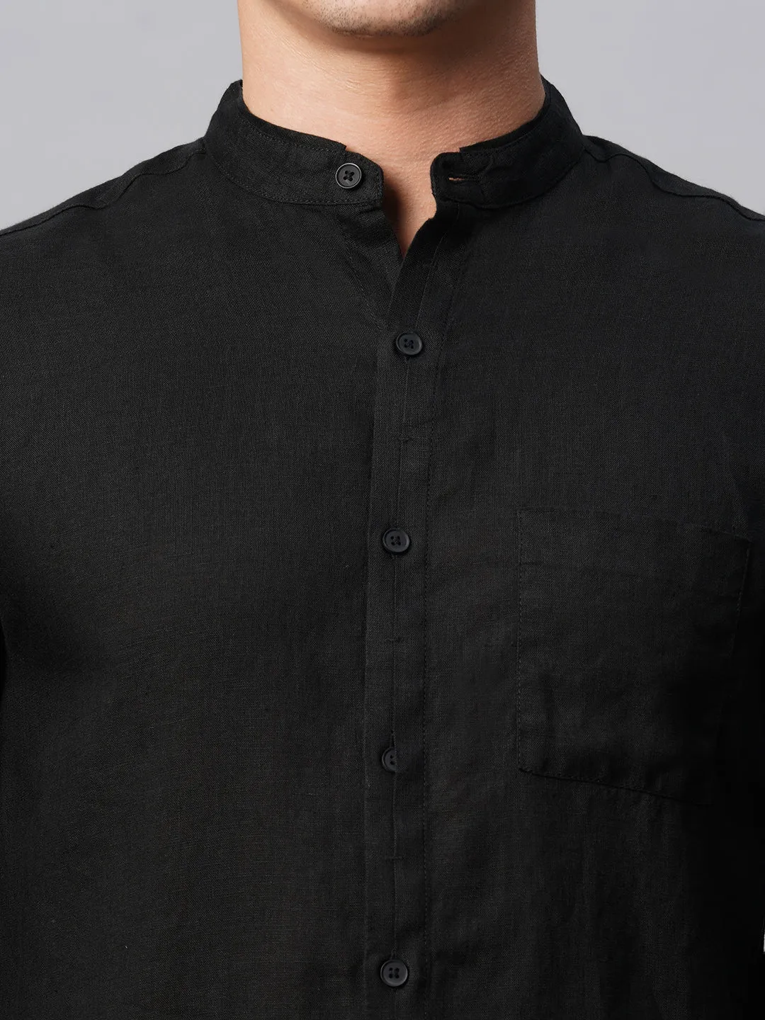 Men's Black 100% Linen Regular Fit Band Collared Long Sleeved Shirt