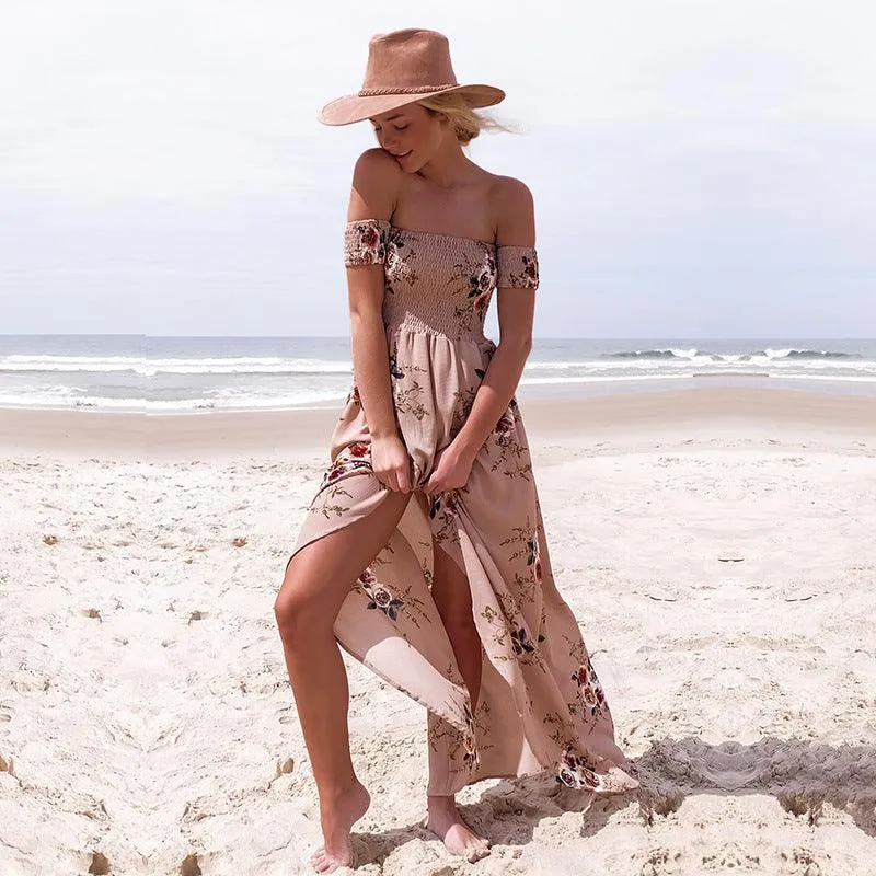 OFF-THE-SHOULDER FLORAL HIGH SLIT MAXI DRESS