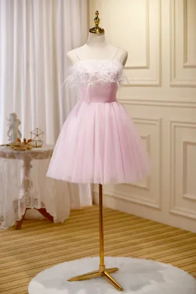 Pink Feather Spaghetti Straps Tulle Short Homecoming Dresses