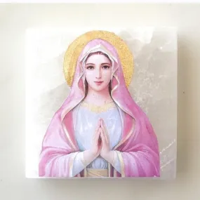 Pink Virgin Mary Icon on Selenite Stone