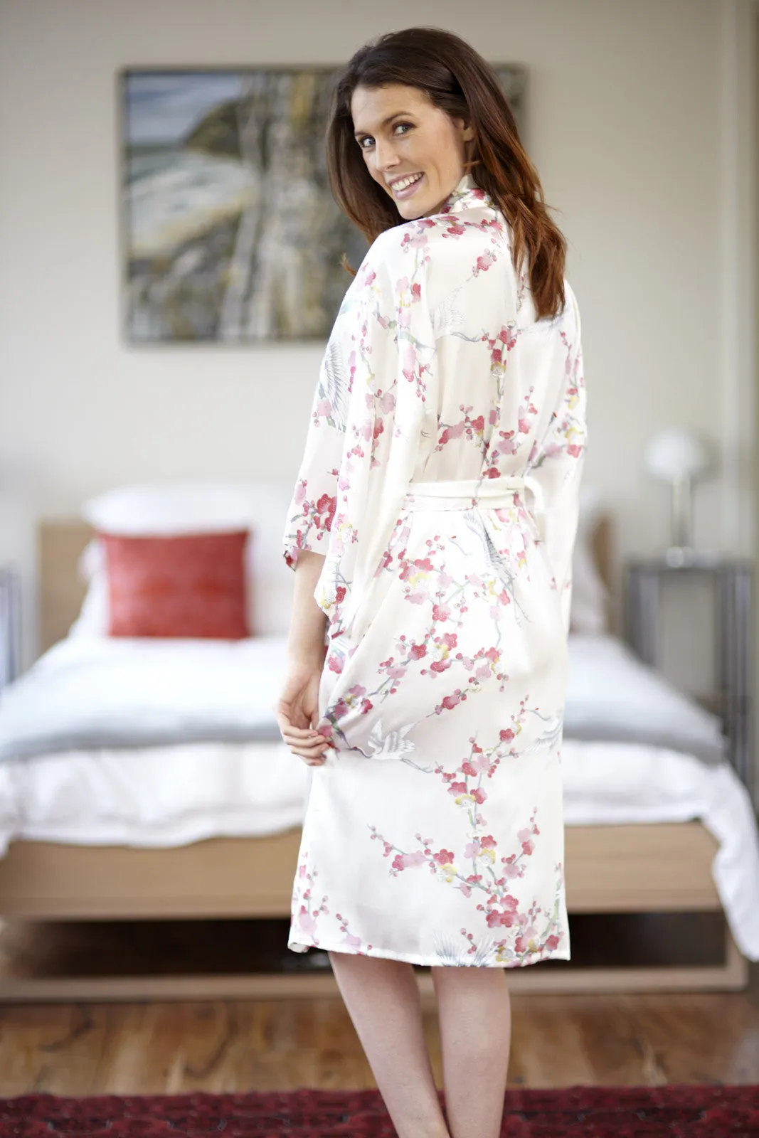 Plum & Crane Silk Short Kimono