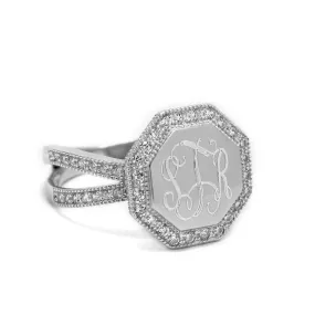 Sterling Silver Octagon CZ Monogram Ring - Split Band