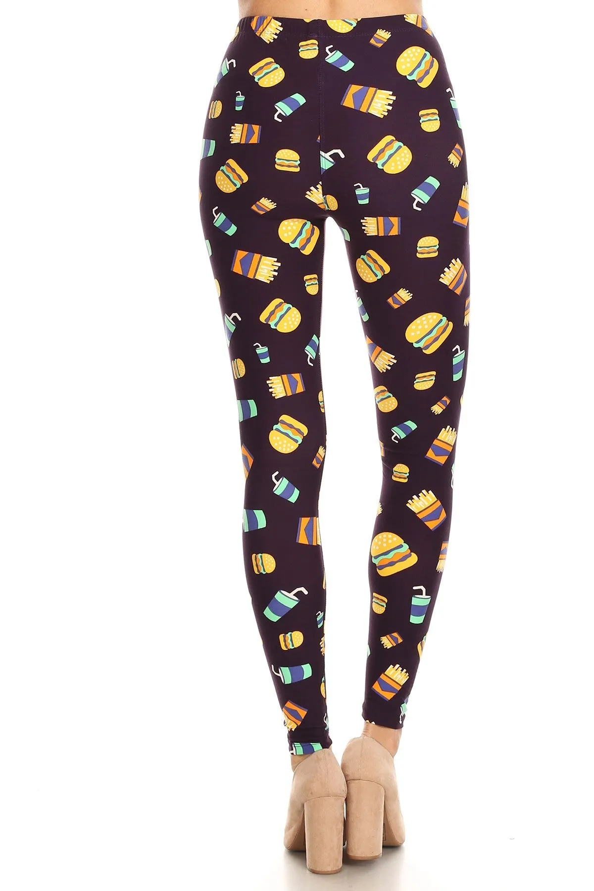 Women's Plus Burger Fries Soda Food Pattern Printed Leggings