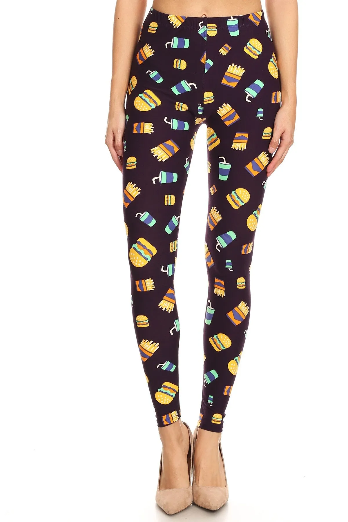 Women's Plus Burger Fries Soda Food Pattern Printed Leggings