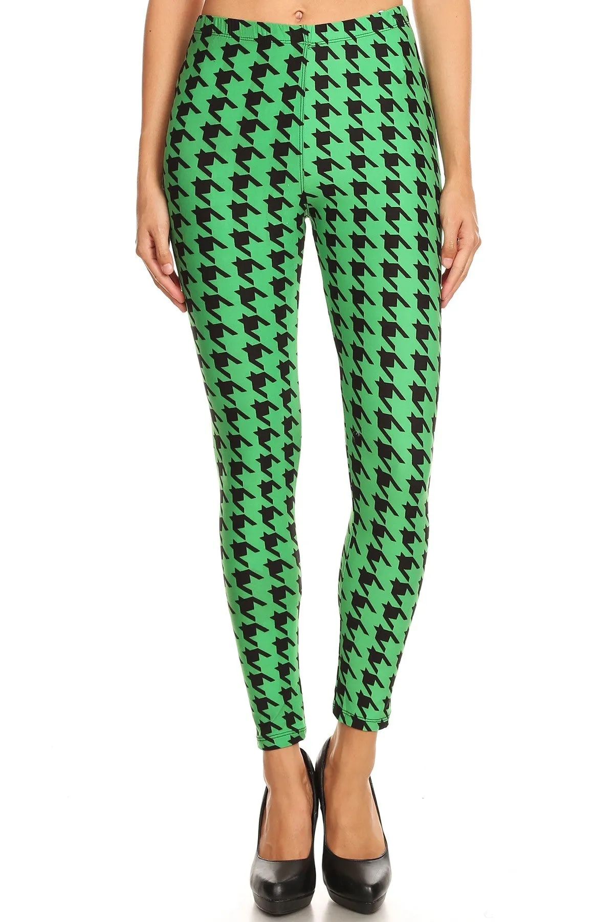 Women's Plus Green Houndstooth Pattern Printed Leggings